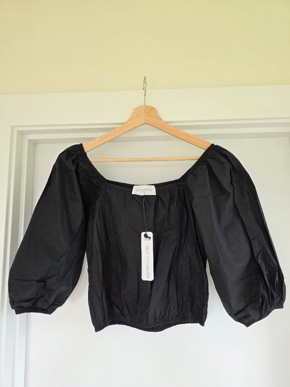 Anthropologie Self Contrast Black Balloon Sleeve Crop Blouse Small